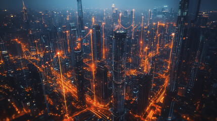 Naklejka premium Smart digital Innovation city with connection network reciprocity over the cityscape. of future smart wireless digital city and social media networking systems that connects people with in city