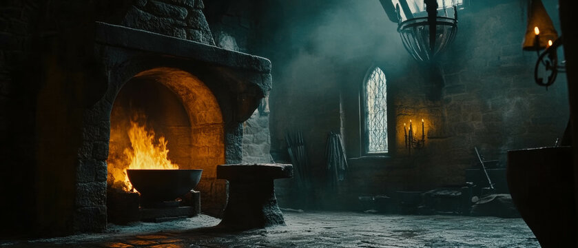Cinematic view of a medieval castle forge featuring a furnace and anvil in use