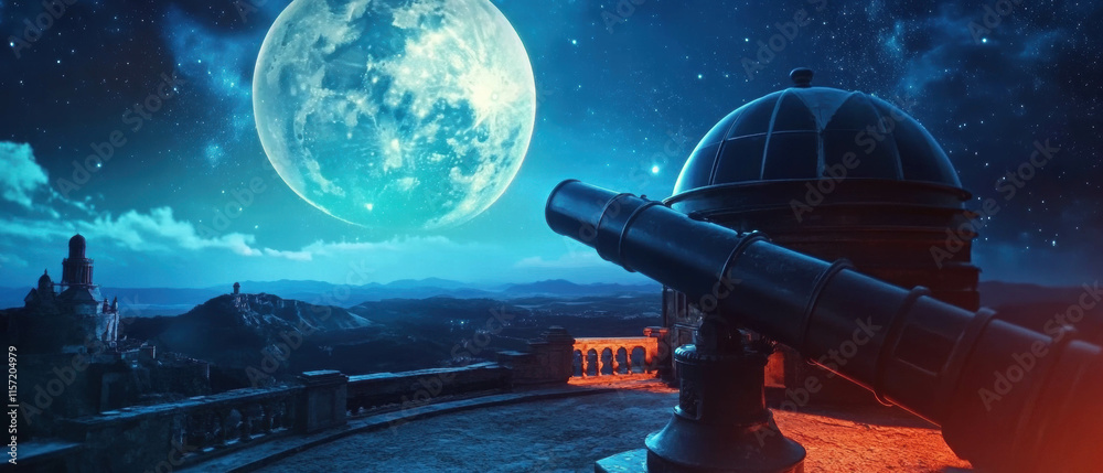 Wall mural cinematic view of a castle observatory with telescope under a bright moonlit sky