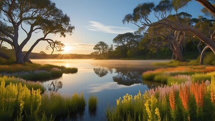 A peaceful and stunning natural landscape portrait, set against a bright blue sky with a few wispy clouds, in a very elegant macro photography style.
