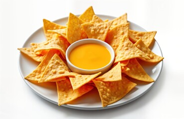Nachos chips arranged in circular pattern on white plate. Small bowl of cheese sauce in center of chips. Food, snack concept. Restaurant menu item snack photo. Ready to eat food. Tasty, appetizing