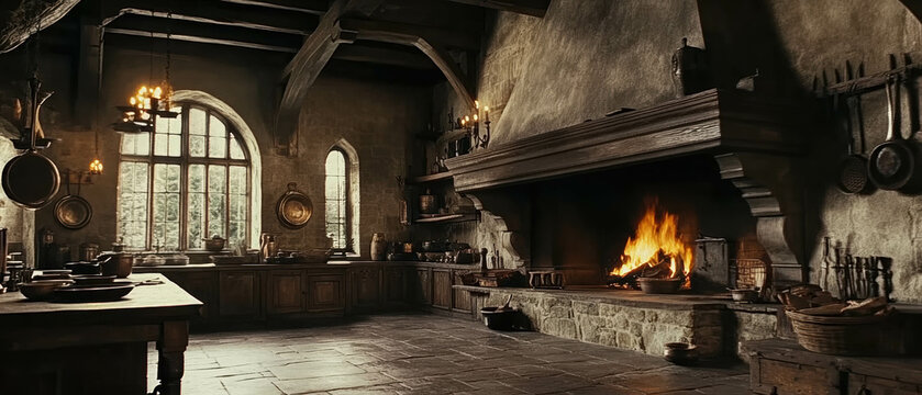 Cinematic view of a historic castle kitchen showcasing a large fireplace and cooking tools