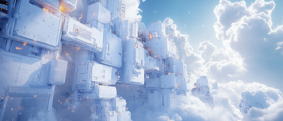 Stunning view of Cloud city with bright white buildings and fluffy clouds in vibrant colors