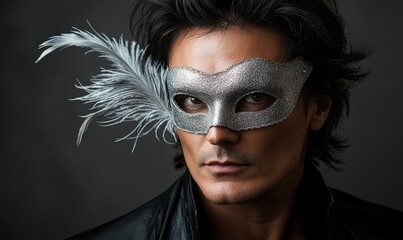 A man wearing a silver mask with feathers on it