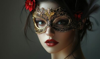 A woman wearing a gold mask and red flowers