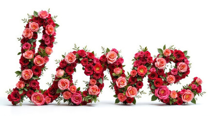 The word "LOVE" is spelled out with red and pink roses and green leaves against a white background.
Concept of Valentine's Day.