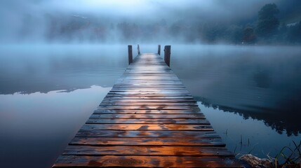 Fototapeta premium A wooden pier extending into a softly lit misty lake