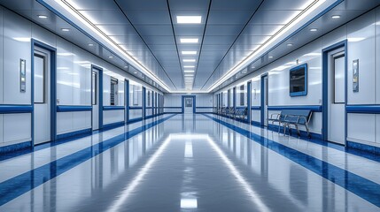 Fototapeta premium A modern hospital corridor with bright lighting and clean surfaces.