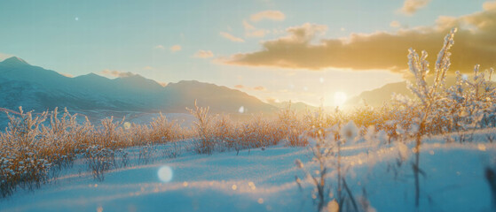 Fototapeta premium Cinematic view of a snow-covered field at sunrise with vibrant colors in the sky
