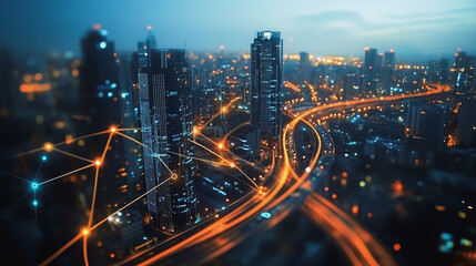 Fototapeta premium Smart digital Innovation city with connection network reciprocity over the cityscape. of future smart wireless digital city and social media networking systems that connects people with in city