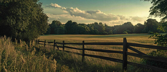 Fototapeta premium Cinematic view of a tranquil field bordered by a rustic wooden fence at sunset