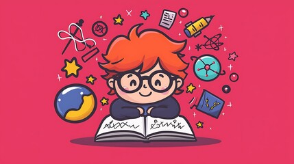 Naklejka premium Cute cartoon boy studying science, surrounded by learning icons.