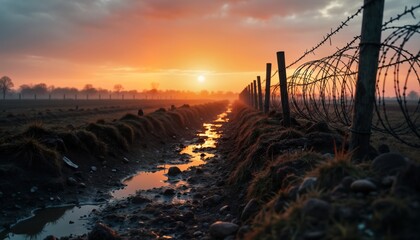 Sunrise illuminates desolate WWI battlefield. Muddy trenches, barbed wire fence mark no mans land. Sunrise casts dramatic light. Landscape reflects war destruction. Empty field shows aftermath of