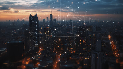 Fototapeta premium Smart digital Innovation city with connection network reciprocity over the cityscape. of future smart wireless digital city and social media networking systems that connects people with in city