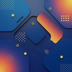 A modern abstract 3D design with layered blue shapes, accented with gradients of warm orange and yellow, featuring small dotted patterns and circular details on a deep blue background.