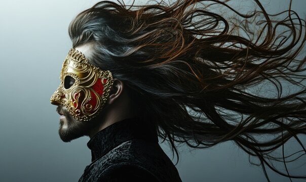 A man with long hair wearing a gold mask - Powered by Adobe