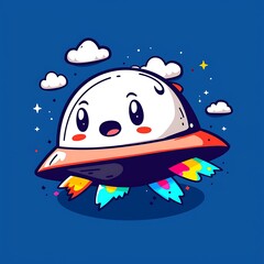 Naklejka premium Cute cartoon spaceship flying in space with colorful flames.