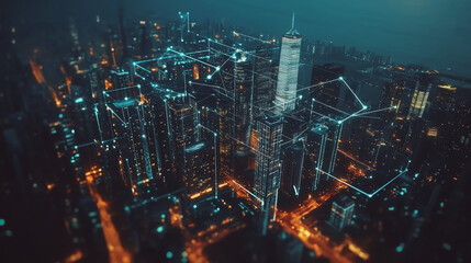 Smart digital Innovation city with connection network reciprocity over the cityscape. of future smart wireless digital city and social media networking systems that connects people with in city