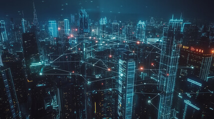 Fototapeta premium Smart digital Innovation city with connection network reciprocity over the cityscape. of future smart wireless digital city and social media networking systems that connects people with in city