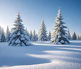 Naklejka premium Winter panorama landscape with a snow-covered forest and trees at sunrise. A winter morning marking the beginning of a new day. Winter landscape with sunset, panoramic view.