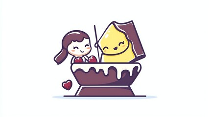 Naklejka premium Cute girl and dessert character on a chocolate boat.