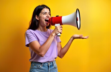 Young Indian woman loudly announces advertisement discounts sale using megaphone. Excited young woman shouts news, promotion. Happy female employee using loudspeaker. Studio shot against yellow
