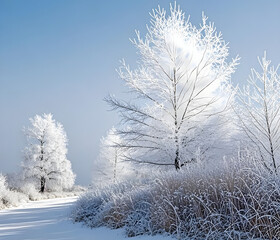 Winter panorama landscape with a snow-covered forest and trees at sunrise. A winter morning marking the beginning of a new day. Winter landscape with sunset, panoramic view.