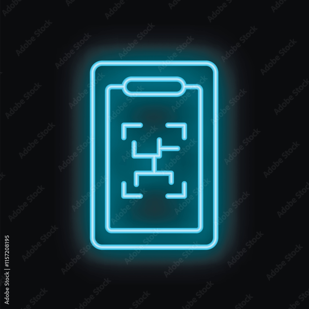 Poster blue neon icon of a smartphone showing augmented reality app interface on screen isolated on black b