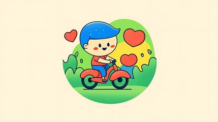 Fototapeta premium Happy boy riding scooter, hearts, nature.