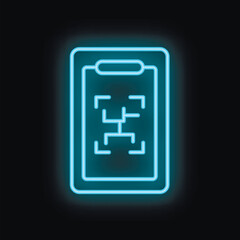 Blue neon icon of a smartphone showing augmented reality app interface on screen isolated on black background