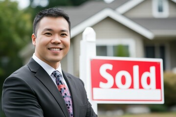 A successful real estate agent stands proudly in front of a house with a 'sold' sign, symbolizing achievement, satisfaction, and professional accomplishment.