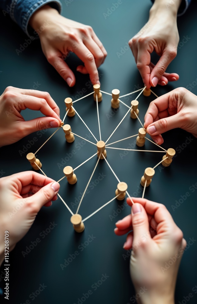 Aufkleber Team connects people with threads. Hands build network. Team collaboration. Group connected through links. Business concept. Social media. Community connection. Human relationships. Modern