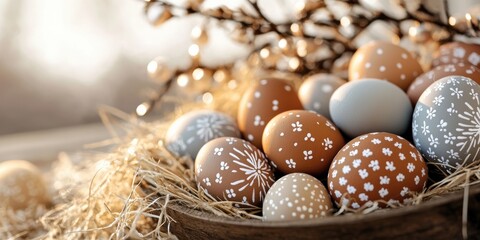 A vibrant collection of decorative Easter eggs is arranged in a rustic basket with natural straw, symbolizing joy, togetherness, and the festive spirit of Easter celebrations with family and friends