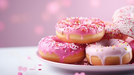 Close-up of Valentine's Day Doughnuts with Pink and White Icing, Colorful Sprinkles, on a Plate against Pastel Background, Focus on Pink and White Theme, Bright Lit High-Resolution Shot