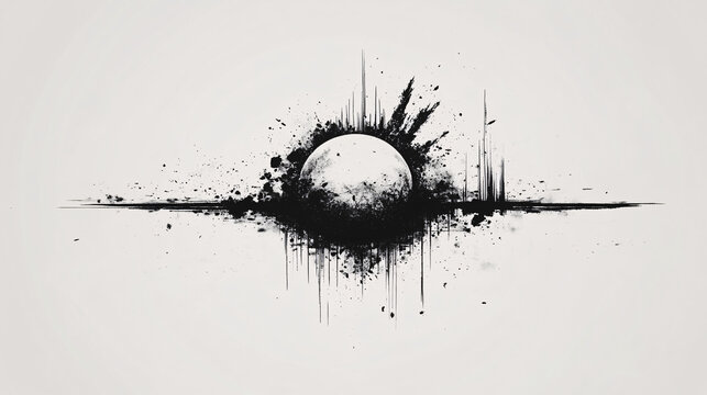 Abstract Black-and-White Artwork Featuring Atomic and Nuclear-Inspired Designs with Swirling Lines and Energetic Splashes