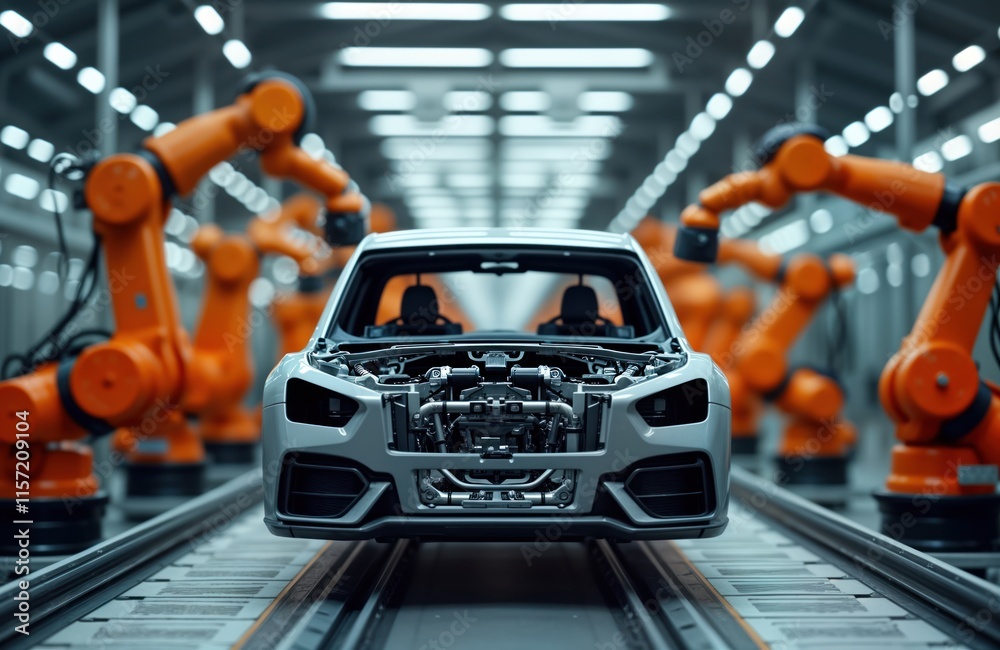 Poster modern car manufacturing facility automated vehicle production. robotic arms precisely assemble part