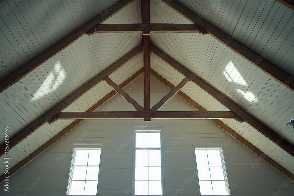 Leinwandbilder Sunlit wooden trusses are illuminated by warm light, casting shadows and creating a serene atmosphere with three tall windows in a modern architectural space.