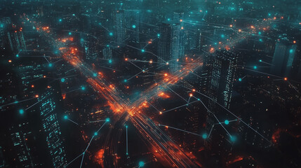 Obraz premium Smart digital Innovation city with connection network reciprocity over the cityscape. of future smart wireless digital city and social media networking systems that connects people with in city