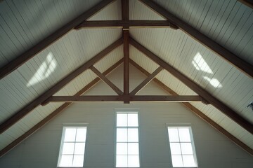 Sunlit wooden trusses are illuminated by warm light, casting shadows and creating a serene atmosphere with three tall windows in a modern architectural space.