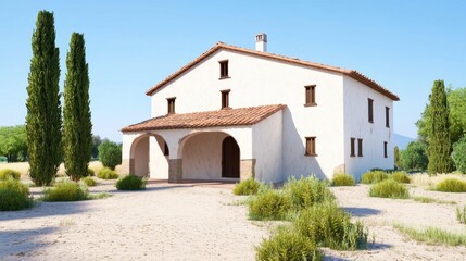 Fototapeta premium Beautiful Mediterranean style Villa with Cypress Trees and Serene Countryside Landscape