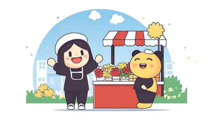 Fototapeta premium Happy girl and cute mascot selling flowers at a stall in a park.