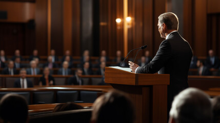 Speaker addresses an attentive audience at a formal gathering in a grand hall during a significant event