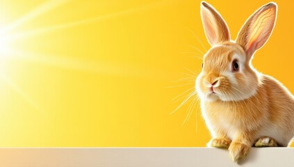 A cheerful rabbit sits against a sunny yellow backdrop, symbolizing the joy of Easter, as warm sunlight illuminates its fluffy fur, enhancing its cheerful demeanor and inviting warmth