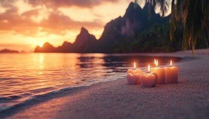 Capture the magic of Valentine's Day with a romantic beach setup featuring heart-shaped candles illuminating a path towards a couple under a starlit sky This scene depicts love in its purest form