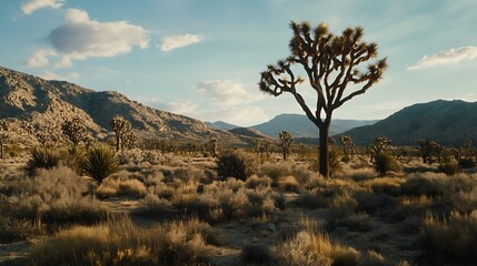 Naklejka premium Joshua Tree Forest: Photograph a grove of Joshua trees standing tall against the backdrop of a dramatic desert mountain range
