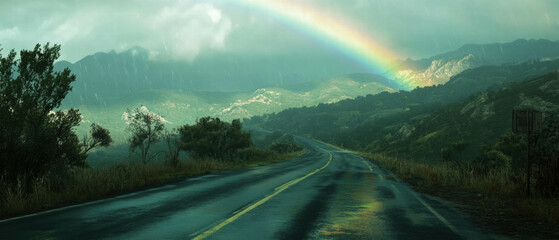 Cinematic view of a winding road under a vibrant rainbow in a serene landscape