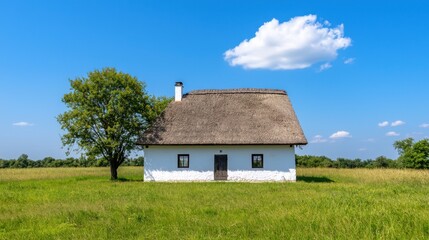 Obraz premium Quaint Countryside Cottage Nestled in Lush Meadow and Verdant Landscape