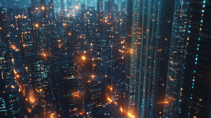 Fototapeta premium Smart digital Innovation city with connection network reciprocity over the cityscape. of future smart wireless digital city and social media networking systems that connects people with in city