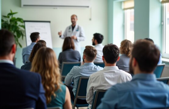 Medical workshop session with group of participants. Doctor giving presentation. Attendees listen attentively. Learning environment. Pro training. Health care professionals attend workshop.