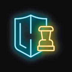 Glowing neon icon of a shield protecting a stamp, symbolizing trademark and copyright protection